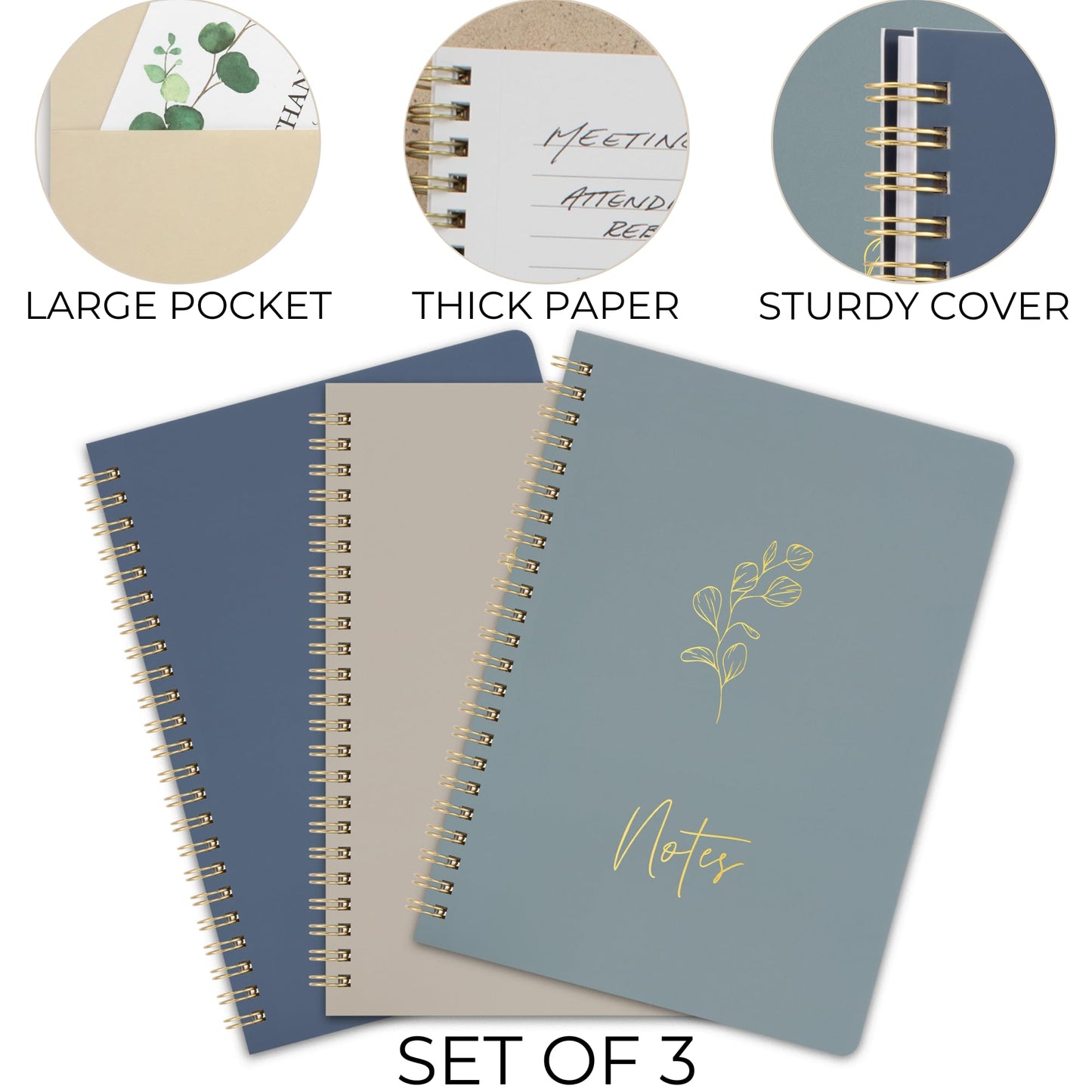 ZICOTO Aesthetic Spiral Notebook Set of 3 For Women - Cute College Ruled 8x6 Journal/Notebook with Large Pockets And Lined Pages - Perfect Supplies to Stay Organized at Work or School