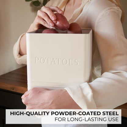 Beautiful Potato and Onion Storage Container Set - Perfectly Sized Spacious Canisters For Your Kitchen Counter Or Pantry - Quality Food Safe Metal Bins Keep Your Produce/Vegetables Fresh Longer