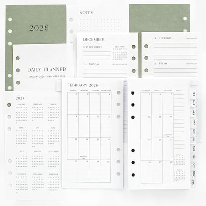 Minimalistic Daily Planner Inserts - 6-Hole Punched 2025-2026 Planner Refills for Ring Binder - Small Planner Binder Inserts With Cover and Tabs from January 2026 until December 2026