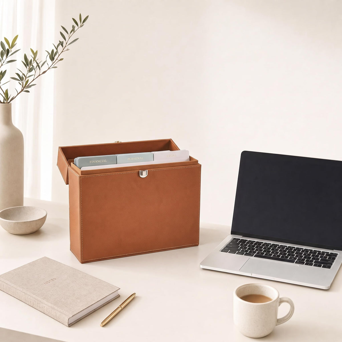 Document Organizer Box with 8 Folders - PU Leather File Organizer