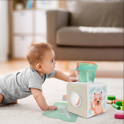 Fun Baby Tissue Box with Stimulating Mirror For Endless Entertainment - Soft Montessori Toy w/ Crinkle Paper & Fabric Tissues - The Perfect Sensory Toy For Newborn/Infant Development From 6-12+ Months