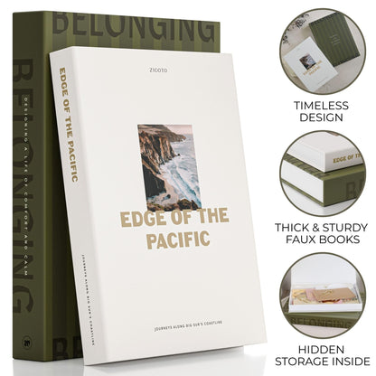 ZICOTO Beautiful Decorative Book Boxes – Set of 2 Faux Books with Lids, Paper-Covered Storage for Coffee Table, Bookshelf or Mantel – Modern Photo & Keepsake Organizer