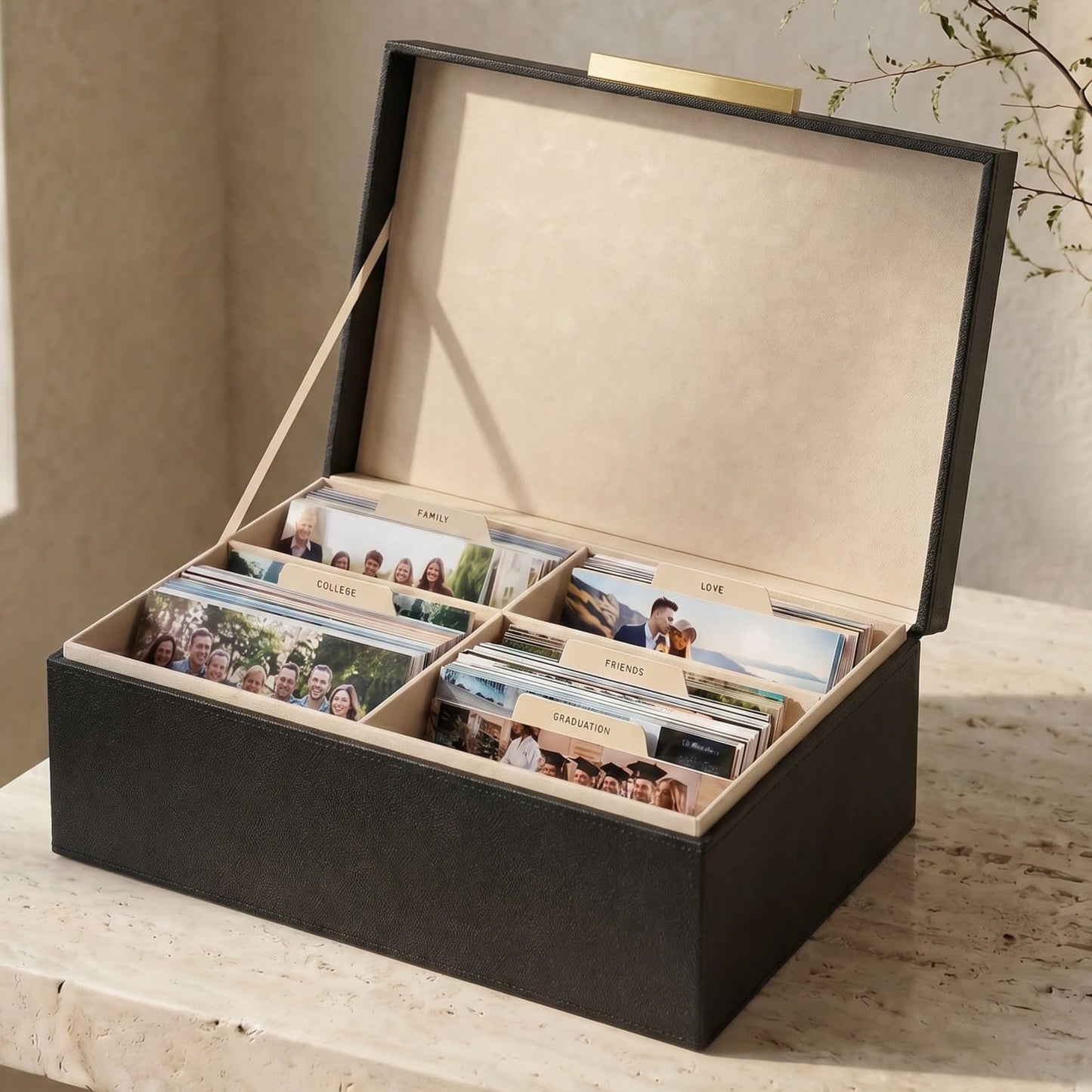 ZICOTO Decorative Photo Storage Box - Sturdy Linen Photo Organizer with Dividers is Perfect to Store Up to 1200 Pictures and 4x6 Photos - Portable Scrapbook Storage Containers with Lid