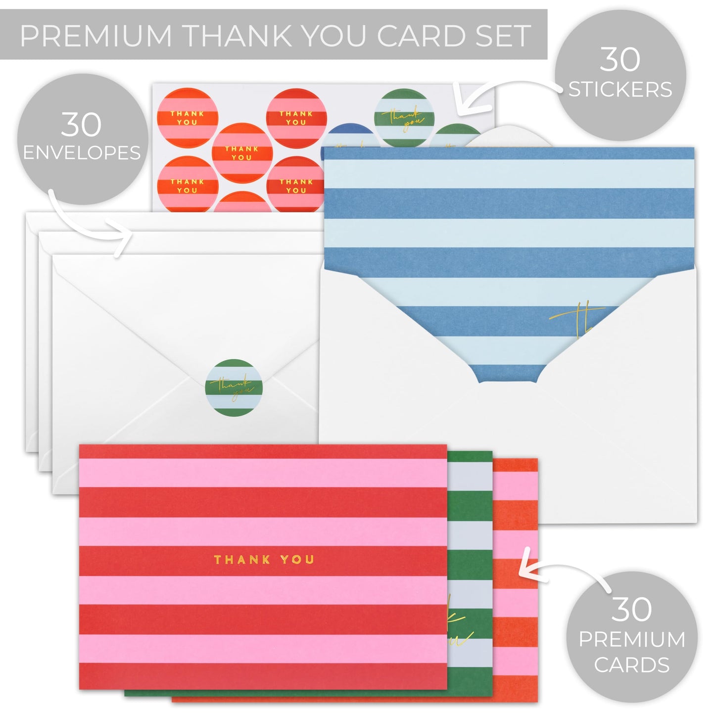 Beautiful Striped Thank You Cards Set of 30 With Envelopes and Stickers - Elegant Blank Cards For Personalized Notes - Perfect Bulk Stationary Set For All Occasions incl. Weddings, Business & Baby Showers