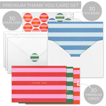 Beautiful Striped Thank You Cards Set of 30 With Envelopes and Stickers - Elegant Blank Cards For Personalized Notes - Perfect Bulk Stationary Set For All Occasions incl. Weddings, Business & Baby Showers