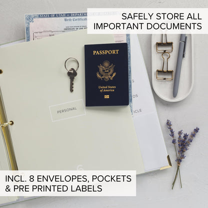 Sturdy Document Organizer Set with Folders - Beautiful Linen 3-Ring Binder Safely Stores All Important Documents & Files in One Place - Easy to Use Expanding Storage Incl. Envelopes, Pockets & Labels