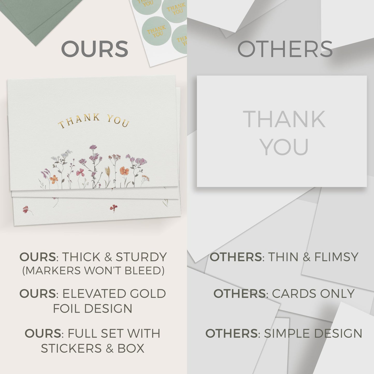 Beautiful Thank You Card Set With Envelopes and Stickers - Set of 20 Elegant Blank Cards For Personalized Notes - Perfect Bulk Stationary Set For All Occasions incl. Weddings, Business & Baby Showers