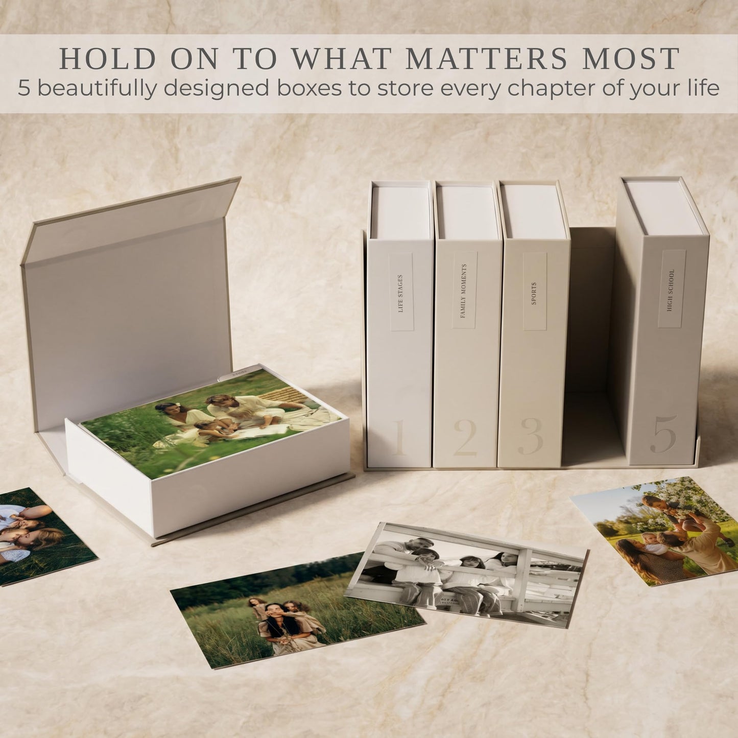 Decorative Photo Storage Box Set of 5 for 4x6 Pictures - Sturdy Photo Album Organizer Boxes with Dividers and Pre-Printed Labels to Keep Your Pictures Beautifully Organized on Your Home Decor Shelf
