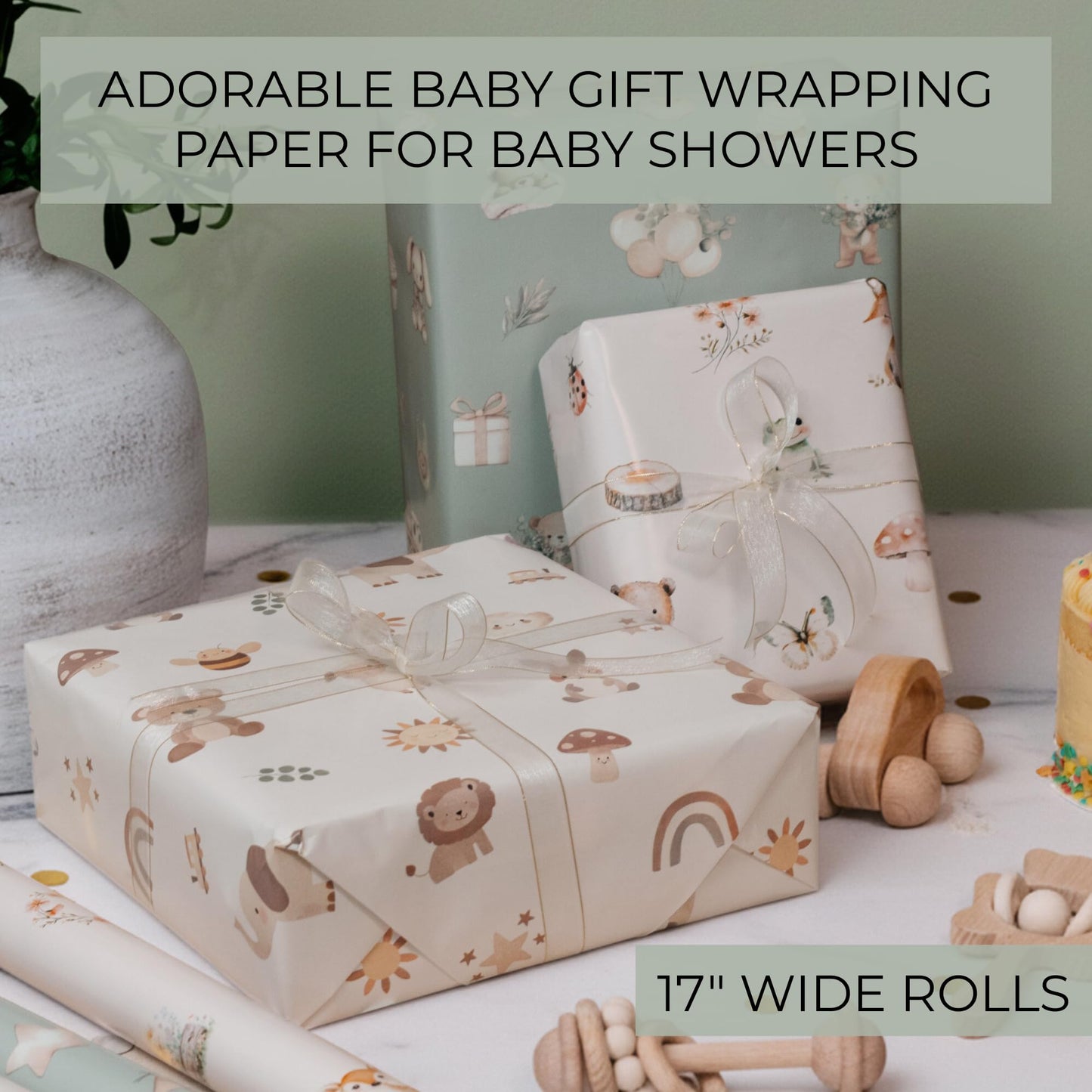 ZICOTO Beautiful Gift Wrapping Paper Rolls for Baby Shower - Cute Set of 3 Quality Rolls For Birthdays & Baby Showers - Add a Touch of Magic to Every Gift You Wrap - 17 x 120 in