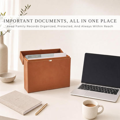 Document Organizer Box with 8 Folders - PU Leather File Organizer