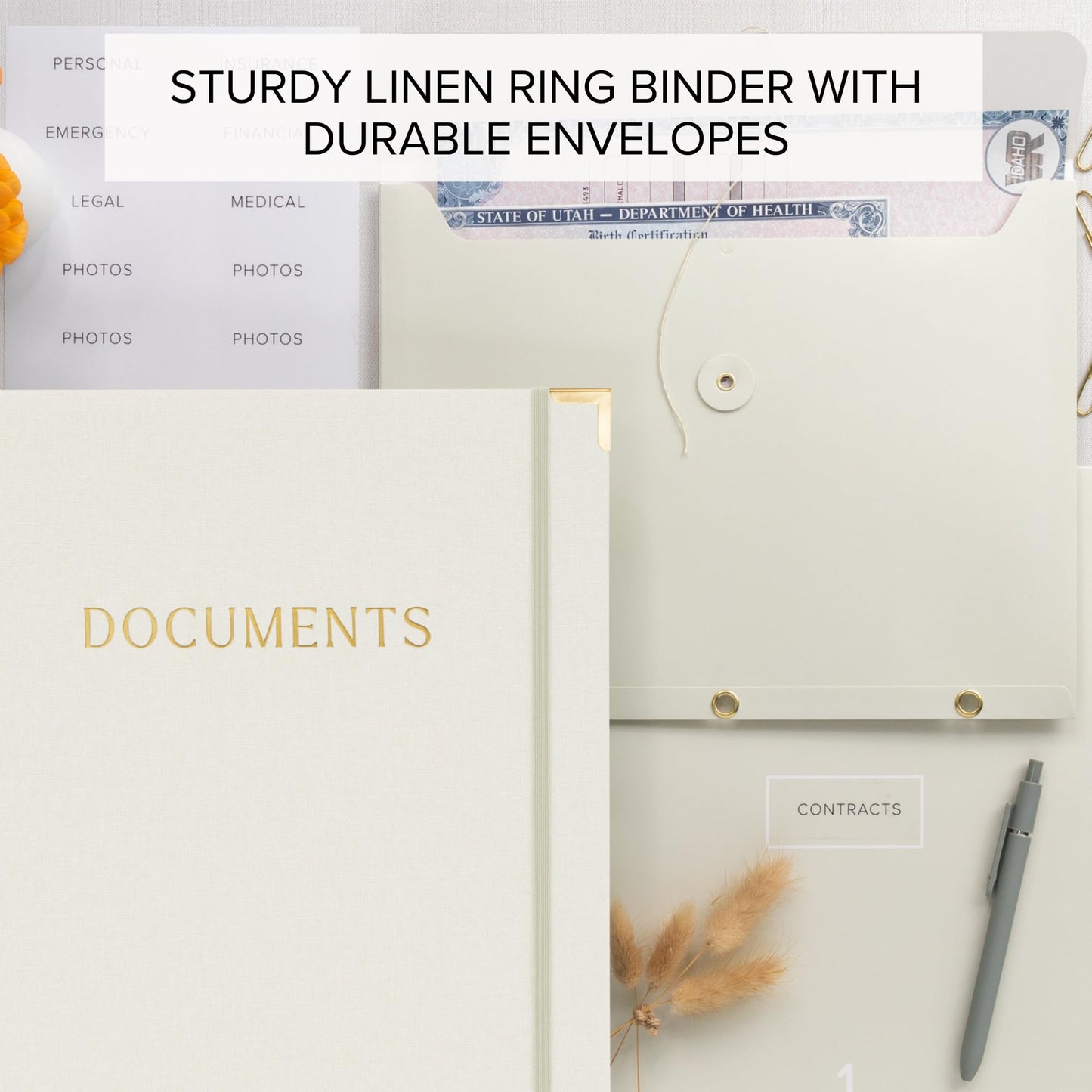 Aesthetic Document Organizer - Linen Cover Life and Family Emergency Binder - Perfect Files Organizer for Your Important Documents, Birth Certificates, Passports, Social Security Cards, Photo