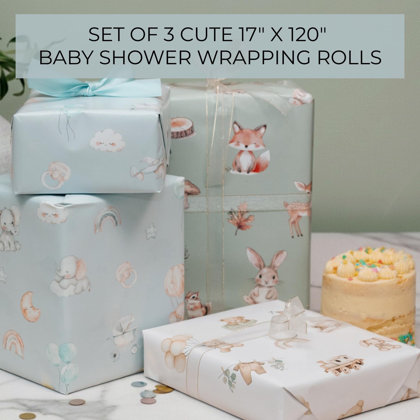 ZICOTO Beautiful Gift Wrapping Paper Rolls for Baby Shower - Cute Set of 3 Quality Rolls For Boys Birthdays & Baby Showers - Add a Touch of Magic to Every Gift You Wrap - 17 x 120 in