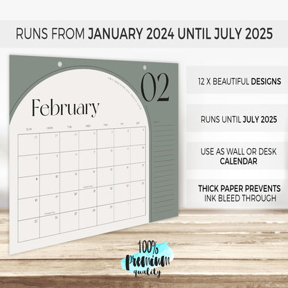 Aesthetic Sage Green Desk Calendar 2024-2025 - Runs From February 2024 Until July 2025 - The Perfect Desktop/Wall Calendar 16"x12" for Easy Organizing