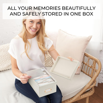 Decorative Photo Storage Box - Sturdy Linen Photo Organizer with Dividers - Stores Up to 850 4x6 Photos - Portable Scrapbook Storage Container with Lid