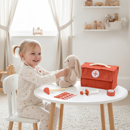 Wooden Doctor Play Set for Toddlers - A Complete Durable Pretend Play Medical Kit for Kids 3-5 with Realistic, Non-Toxic Tools & Carrying Case (Red)