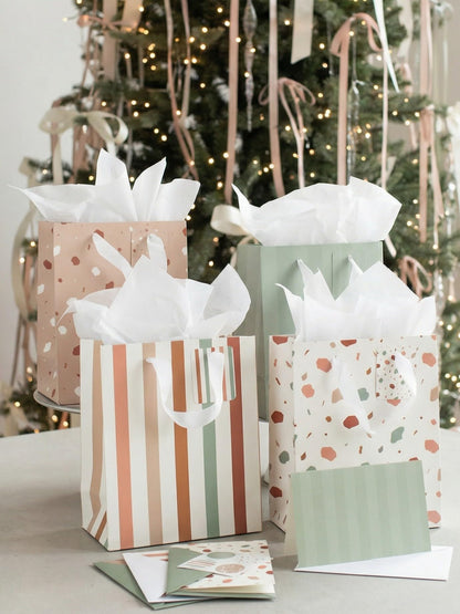 Beautiful Gift Bags Set of 4 - Medium Sized 9" Bags with Handles incl. Matching Tissue Paper, Cards & Small Stickers - Reusable & For Presents of Any Birthday, Weddings, Mothers Day & Other Occasion