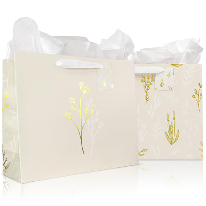 Beautiful Gift Bags Set of 2 - Large 13" Bags with Handles incl. Matching Tissue Paper, Cards & Stickers - Reusable and Perfect For Presents of Any Birthday, Weddings, Mothers Day & Special Occasion