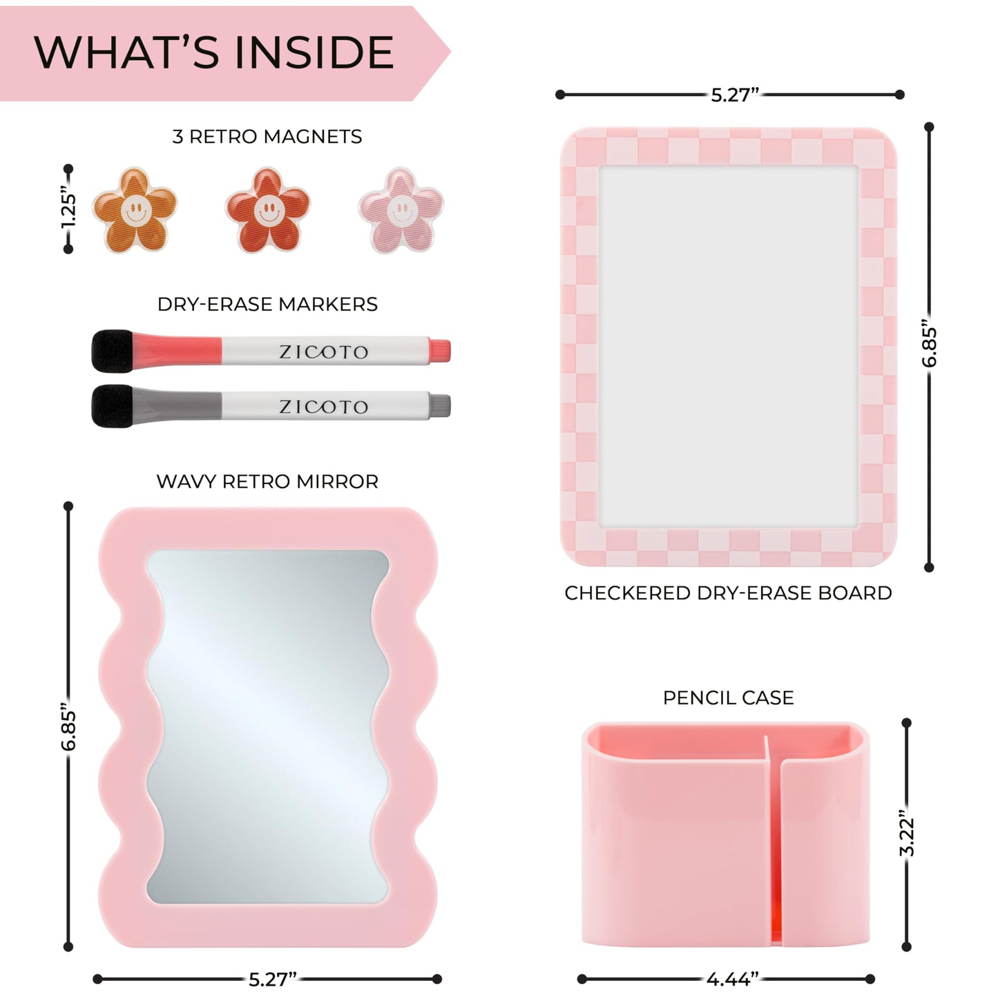 Stylish Locker Accessories Kit for Girls - Includes Mirror, Whiteboard, Pen Holder, Cute Flower Magnets & Marker Set - All-in-One School Locker Decor & Organizer Set to Brighten Up Your School Day