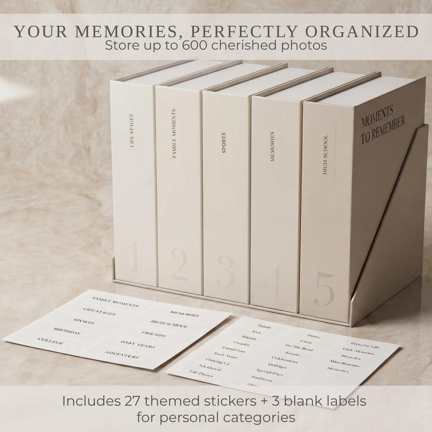 Decorative Photo Storage Box Set of 5 for 4x6 Pictures - Sturdy Photo Album Organizer Boxes with Dividers and Pre-Printed Labels to Keep Your Pictures Beautifully Organized on Your Home Decor Shelf