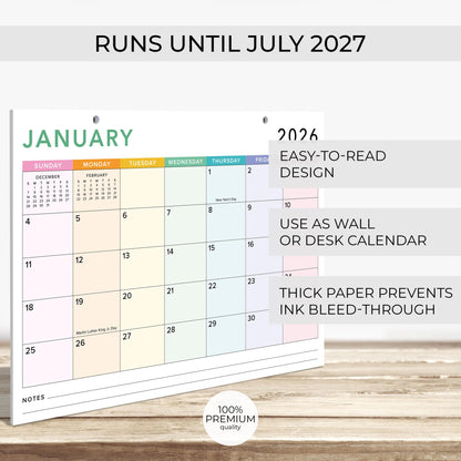 Colorful 2026 Desk Calendar - Runs From January 2026 Until July 2027 - Large Easy to Track Office Desktop/Wall Calendar 16"x12" for Effortless Organizing