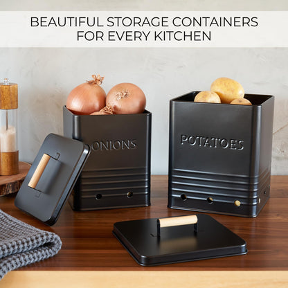 Beautiful Potato and Onion Storage Container Set - Perfectly Sized Spacious Canisters For Your Kitchen Counter Or Pantry - Quality Food Safe Metal Bins Keep Your Produce/Vegetables Fresh Longer