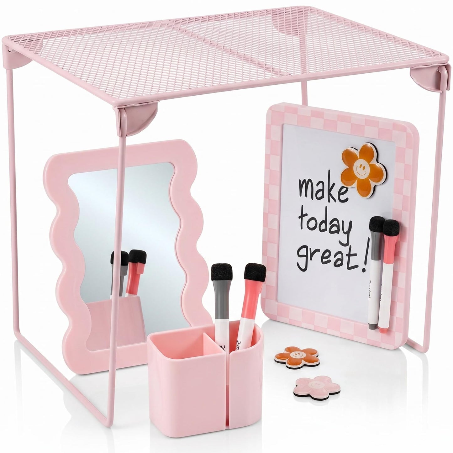 Stylish Locker Accessories Kit - Includes Shelf, Mirror, Whiteboard, Pen Holder, Cute Flower Magnets & Marker Set - All-in-One School Locker Decor & Organizer Set to Brighten Up Your School Day