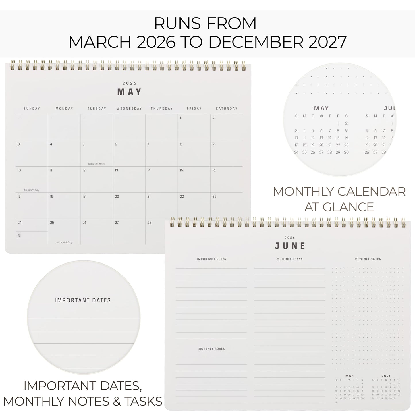 Beautiful Monthly Planner 2026–2027 – Top Spiral-Bound Calendar Book with Monthly Layouts, 8.5 x 10.95 in