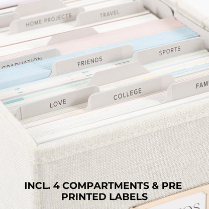 Decorative Photo Storage Box - Sturdy Linen Photo Organizer with Dividers - Stores Up to 850 4x6 Photos - Portable Scrapbook Storage Container with Lid