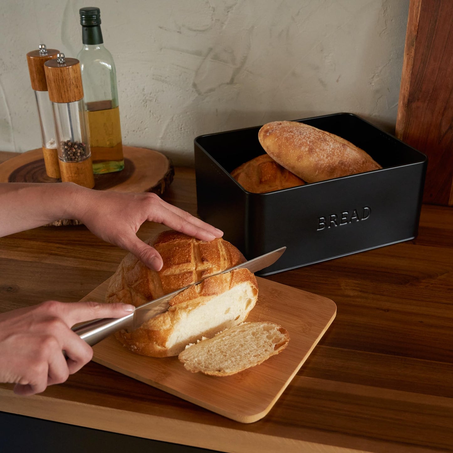 ZICOTO Beautiful Bread Box With Wooden Lid For Your Kitchen Countertop - Spacious Container Perfectly Stores Your Homemade Bread, English Muffins & Bagels - Quality Cutting Board Lid Keeps Loaf Fresh