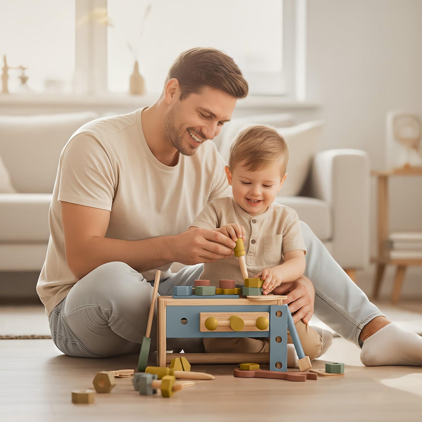 Stylish Wooden Tool Set for Toddlers - Durable Montessori Tool Box Kit with Hammer for Boys & Girls 2-5 Years - Fun Christmas Toy Gift for Kids with 30+ Safe Tools for Creative Play