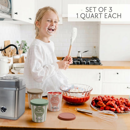 ZICOTO Set of 3 Reusable Ice Cream Containers 1 Quarts ea. - Perfect for Homemade Sorbet, Frozen Yogurt Or Gelato - Stackable Storage Pint Containers, Stickers And Lids Stores Easily In Freezer