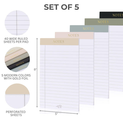 ZICOTO Aesthetic Note Pads Set Of 5 - Quality 5x8 inch Lined Legal Pads For Women Or Men - The Perfect Writing Notepads and Office Desk Supplies to Easily Organize Your To-Do Lists