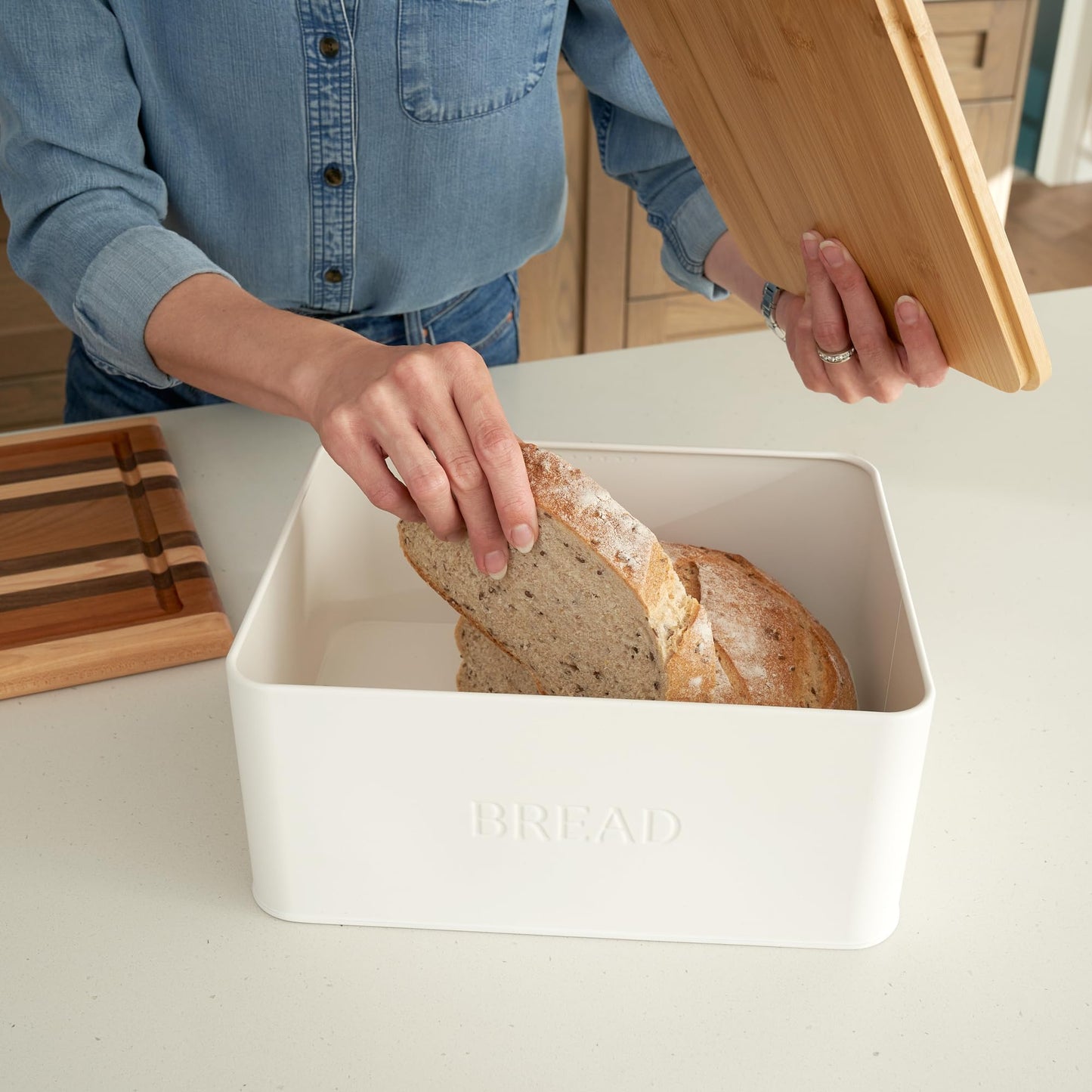 ZICOTO Beautiful Bread Box With Wooden Lid For Your Kitchen Countertop - Spacious Container Perfectly Stores Your Homemade Bread, English Muffins & Bagels - Quality Cutting Board Lid Keeps Loaf Fresh