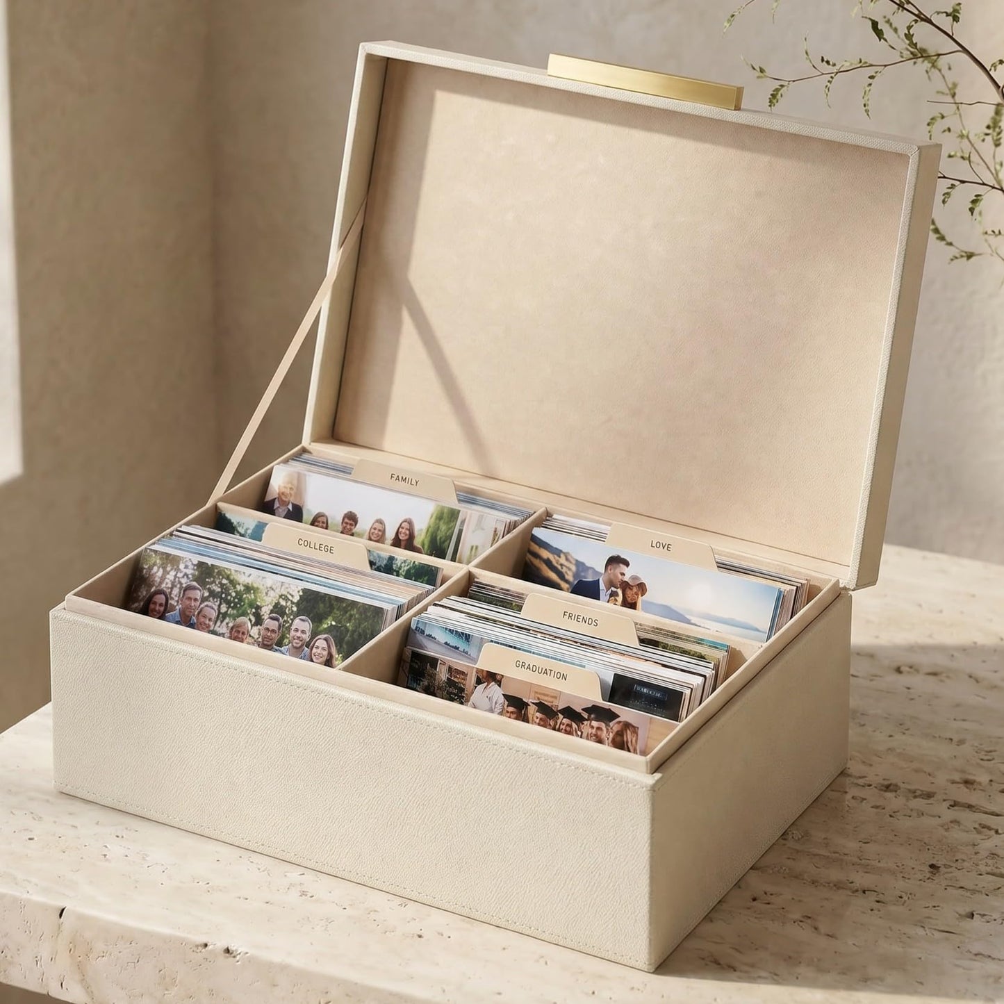 ZICOTO Decorative Photo Storage Box - Sturdy Linen Photo Organizer with Dividers is Perfect to Store Up to 1200 Pictures and 4x6 Photos - Portable Scrapbook Storage Containers with Lid