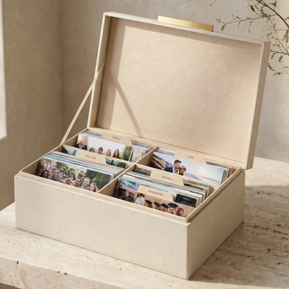 ZICOTO Decorative Photo Storage Box - Sturdy Linen Photo Organizer with Dividers is Perfect to Store Up to 1200 Pictures and 4x6 Photos - Portable Scrapbook Storage Containers with Lid