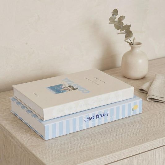 ZICOTO Beautiful Decorative Book Boxes – Set of 2 Faux Books with Lids, Paper-Covered Storage for Coffee Table, Bookshelf or Mantel – Modern Photo & Keepsake Organizer
