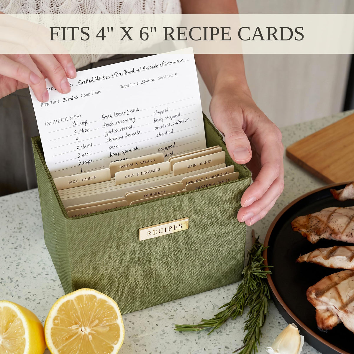 Beautiful Recipe Box with Wooden Lid - Incl. 50x 4x6" Recipe Cards and Matching Dividers to Easily Organize Up to 250 Recipes - A Sturdy Card Holder And Great Gift that Perfectly Fits into Any Kitchen