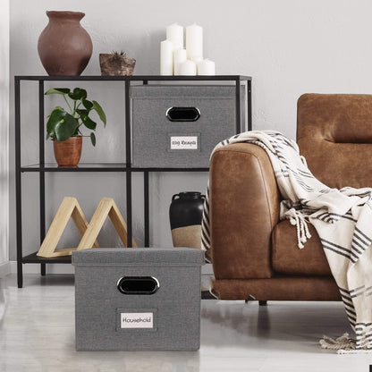 ZICOTO Decorative File Organizer Box Set of 2 - Collapsible Linen Filing Cabinets for Space Saving File Folder Storage - Easy Slide File Crates Store Your Hanging Files In Style