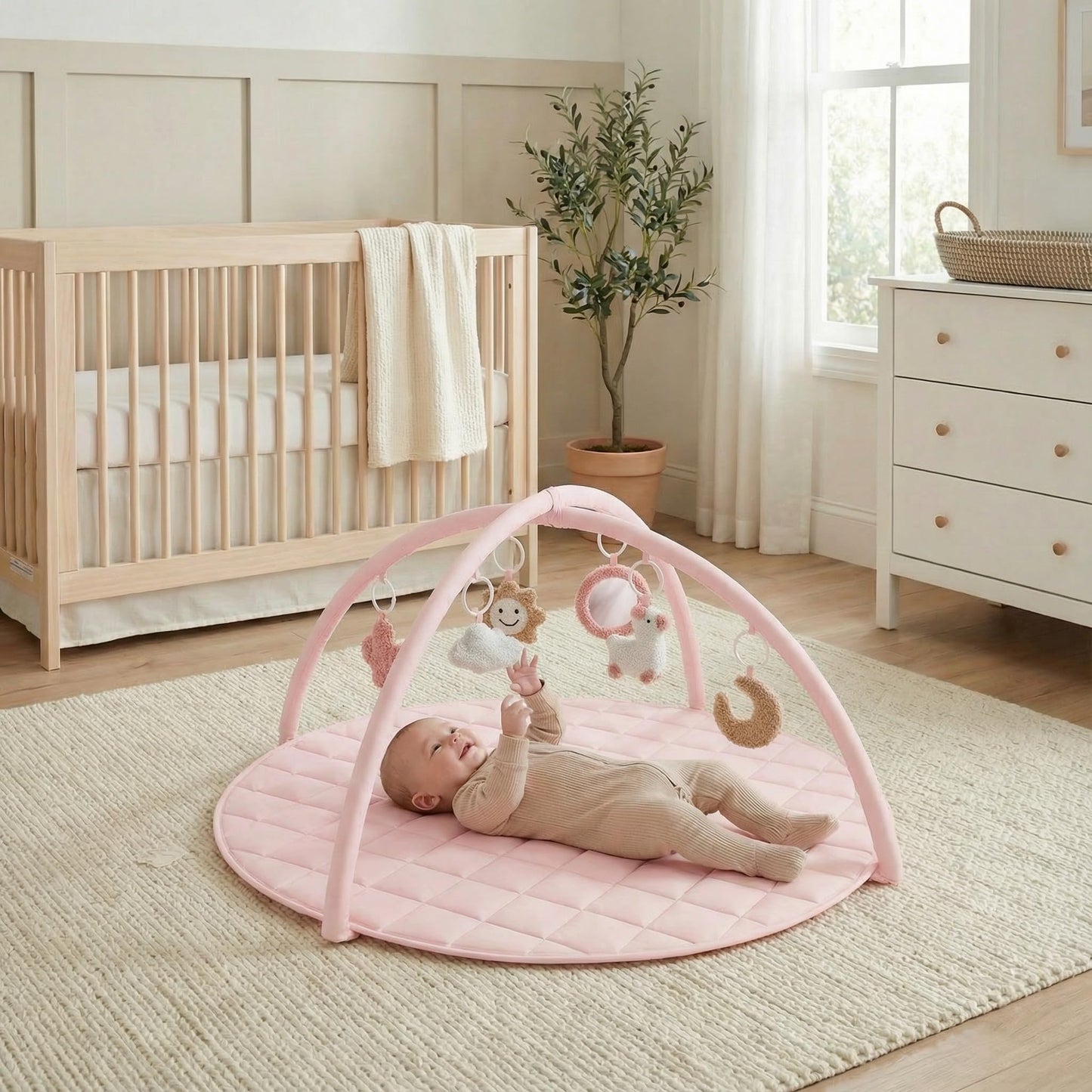 Beautiful Baby Play Gym - Soft Cotton Mat with 6 Cute Toys Creates The Perfect Activity Area for Your Girl/Boy - Stylish Infant Floor Playmat Fits Nicely with Any Playroom Decor