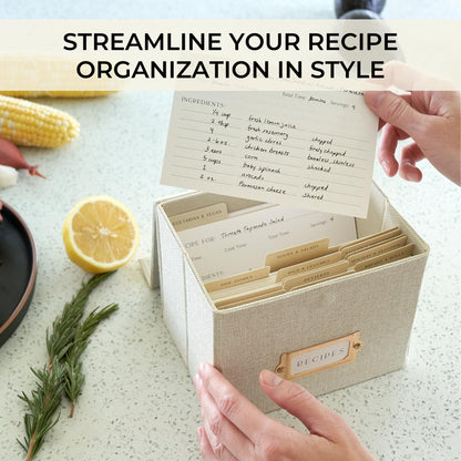 ZICOTO Beautiful Linen Recipe Box - Fits 4x6 inch Recipe Cards to Organize Up to 250 Recipes - Sturdy Card Holder and Great Gift for Any Kitchen - Cards Not Incl.