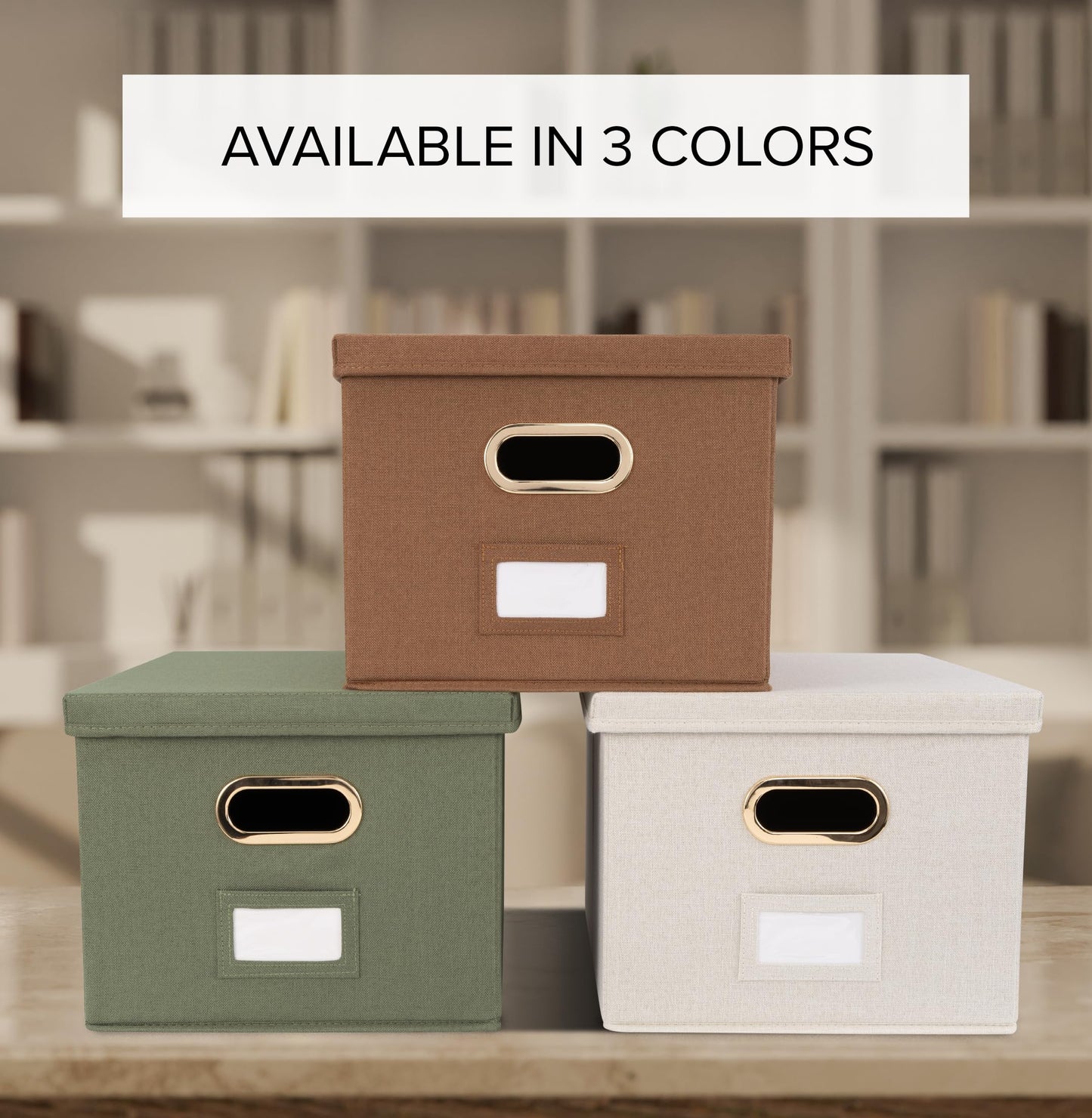 ZICOTO Decorative File Organizer Box Set of 2 - Collapsible Linen Filing Cabinets w/Handles Are Perfect to Store all Your Documents & Hanging File Folders - Portable Easy Slide Crates with Lid