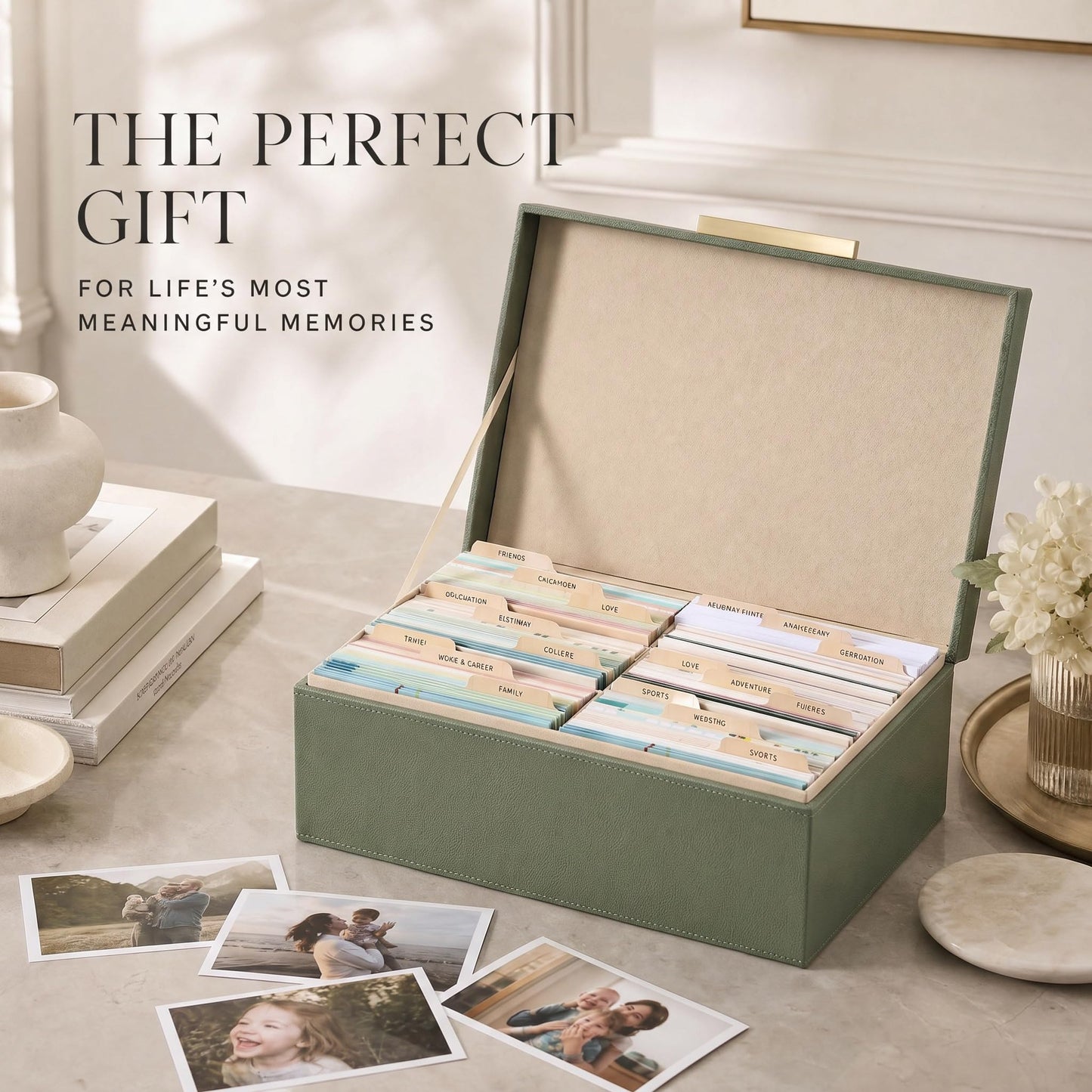ZICOTO Decorative Photo Storage Box - Sturdy Linen Photo Organizer with Dividers is Perfect to Store Up to 1200 Pictures and 4x6 Photos - Portable Scrapbook Storage Containers with Lid