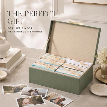 ZICOTO Decorative Photo Storage Box - Sturdy Linen Photo Organizer with Dividers is Perfect to Store Up to 1200 Pictures and 4x6 Photos - Portable Scrapbook Storage Containers with Lid