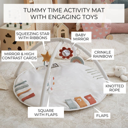 Beautiful Baby Play Gym and Tummy Time Mat - Soft Cotton Mat with 4 Cute Toys & Cards Creates The Perfect Activity Area for Your Girl/Boy - Stylish Infant Floor Playmat for Any Playroom Decor