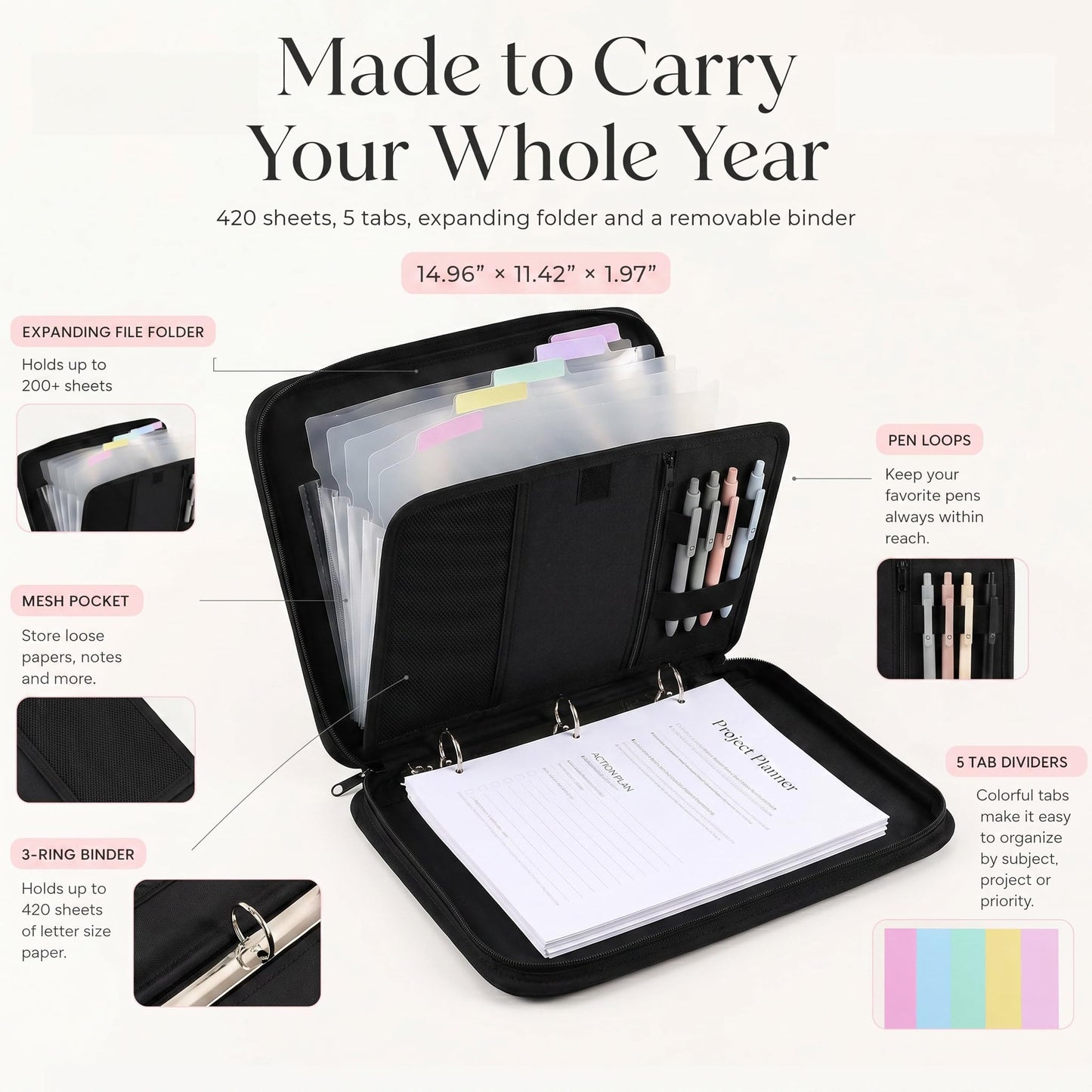 Sturdy 3 Ring Zipper Binder with Strap for School - Beautiful 1 Inch Zip Up Binder with 5-Tab Dividers Holds 420 Sheets, Books & Laptop - Easy to Carry Trapper Keeper Made of Premium Fabrics