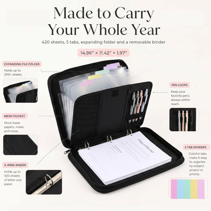Sturdy 3 Ring Zipper Binder with Strap for School - Beautiful 1 Inch Zip Up Binder with 5-Tab Dividers Holds 420 Sheets, Books & Laptop - Easy to Carry Trapper Keeper Made of Premium Fabrics