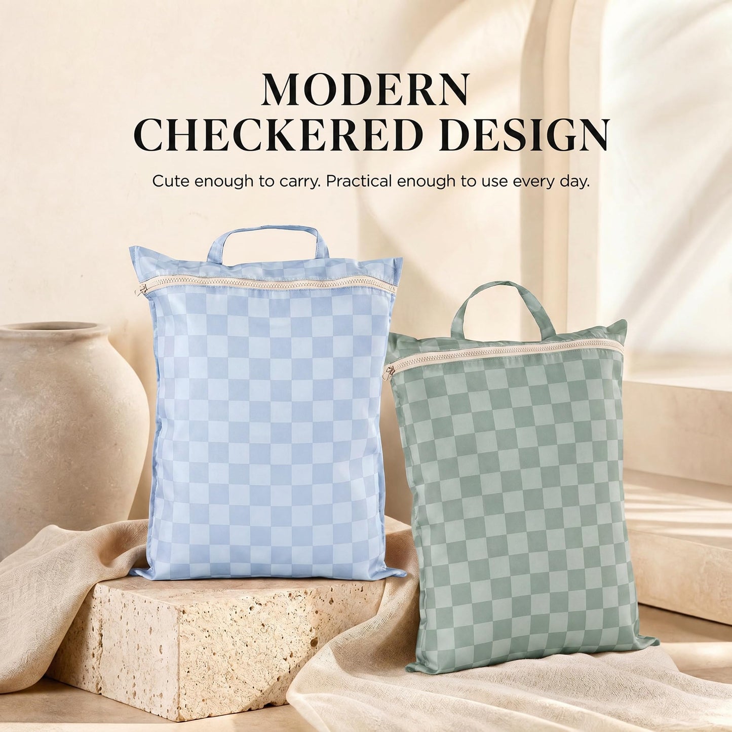 ZICOTO Stylish Travel Laundry Bags for Women - Set of 2 Waterproof Wet Bags, Ideal for Dirty Clothes, Wet Swimsuits and More - Charming Checkered Wet Dry Bag with Zipper and Handle for Beach and Pool