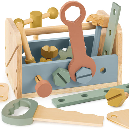 Stylish Wooden Tool Set for Toddlers - Durable Montessori Tool Box Kit with Hammer for Boys & Girls 2-5 Years - Fun Christmas Toy Gift for Kids with 30+ Safe Tools for Creative Play