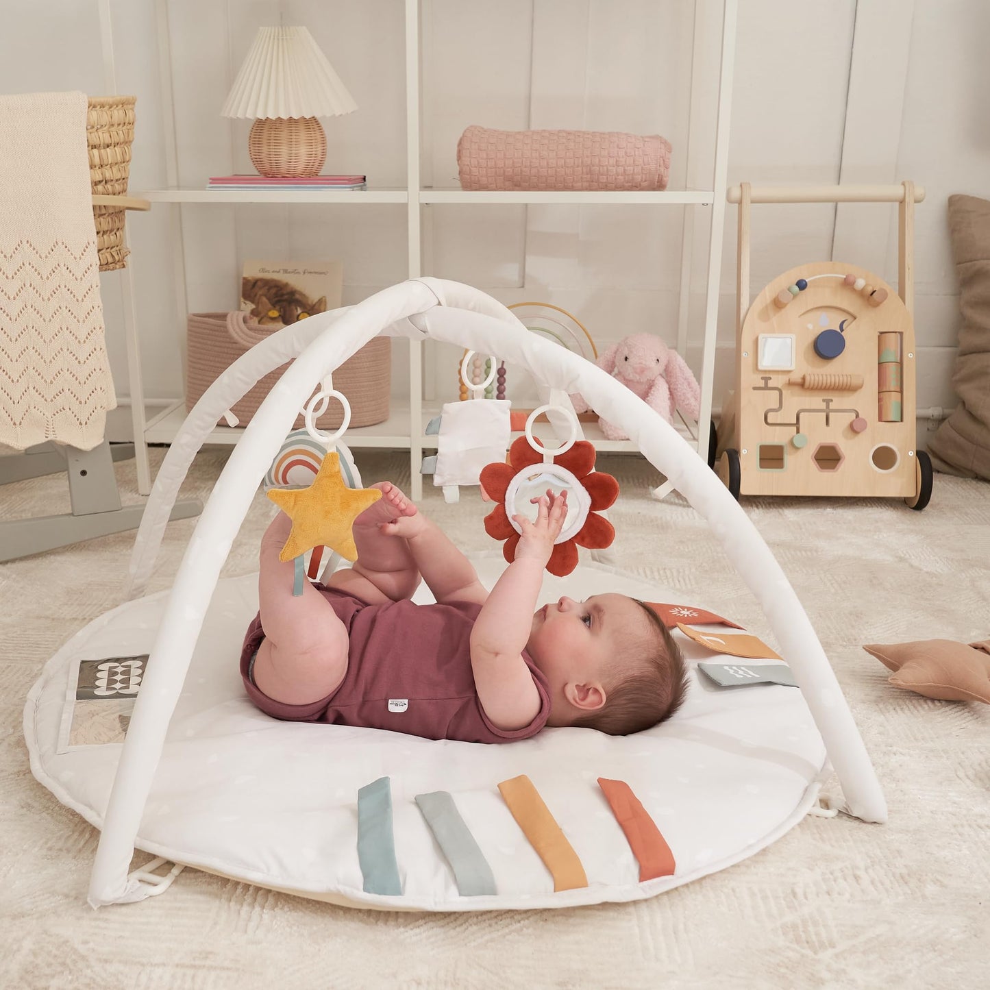 Beautiful Baby Play Gym and Tummy Time Mat - Soft Cotton Mat with 4 Cute Toys & Cards Creates The Perfect Activity Area for Your Girl/Boy - Stylish Infant Floor Playmat for Any Playroom Decor