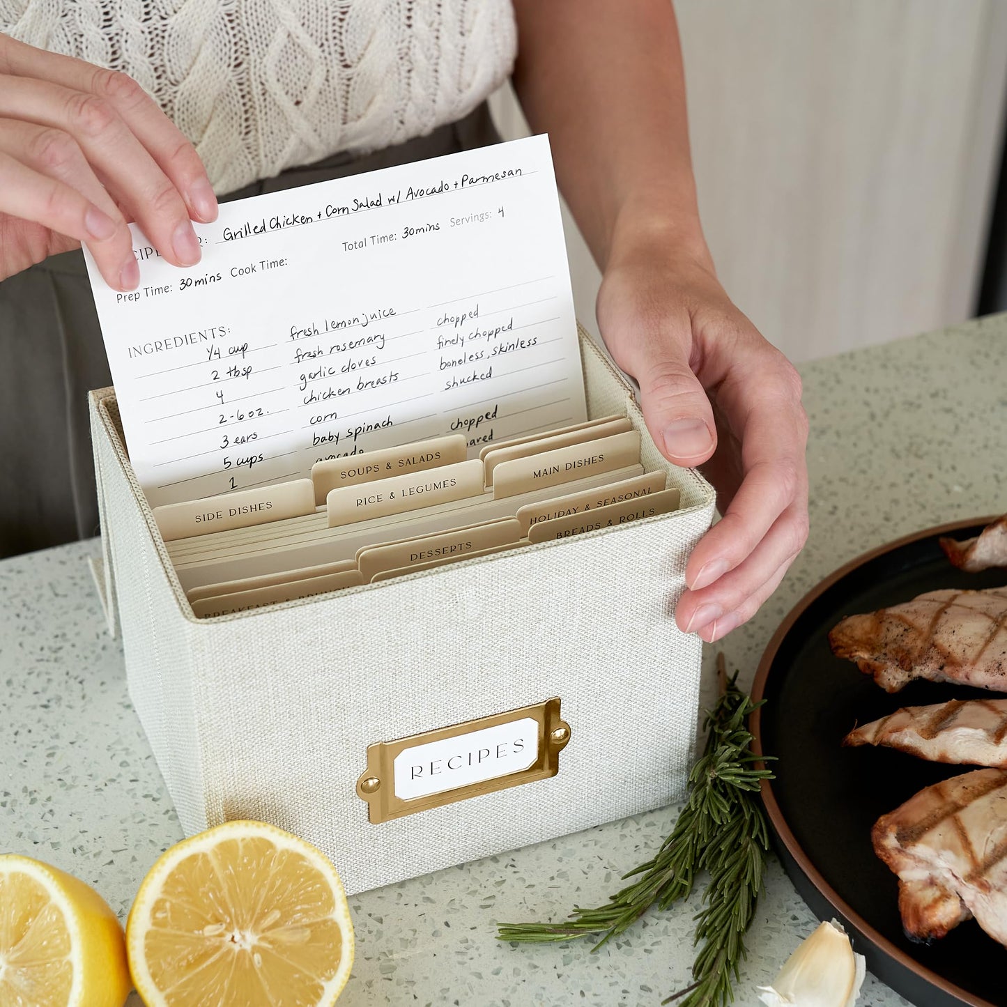ZICOTO Beautiful Linen Recipe Box - Fits 4x6 inch Recipe Cards to Organize Up to 250 Recipes - Sturdy Card Holder and Great Gift for Any Kitchen - Cards Not Incl.